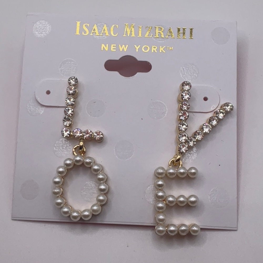 Isaac Mizrahi Gold and White LOVE Earrings